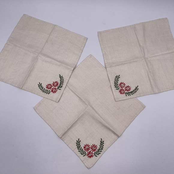 Set of 3 Handmade Hand Sewn Fabric Napkins Embroidered Corner Floral Flower - Picture 1 of 6